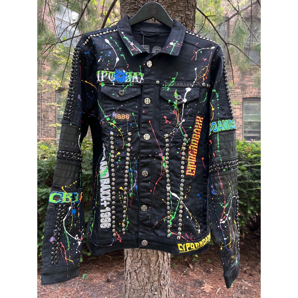 CIPO & BAXX BULDOG Black Studded Denim Biker Jacket Punk Paint Splatter XL NWT